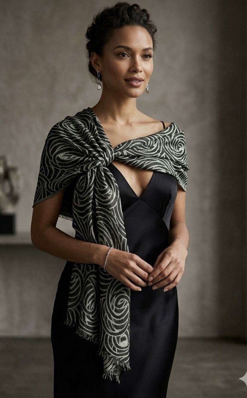 Vintage Badgley Mischka Lurex Wrap Shawl Black Gray 20 X 82 Shiny Designer Glam - Picture 1 of 9